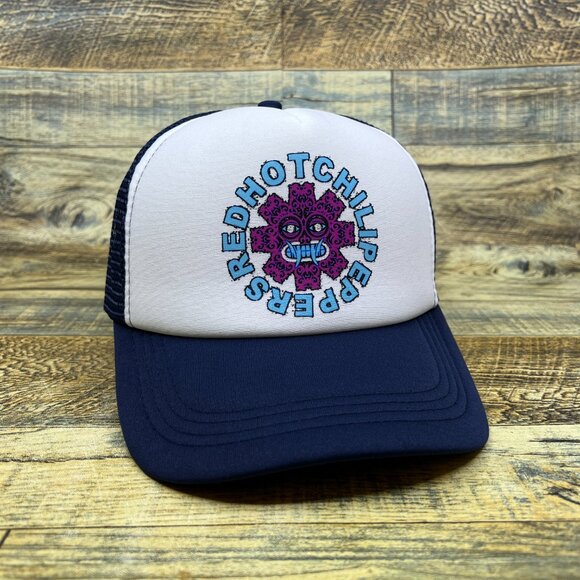 Red Hot Chili Peppers Mens Trucker Hat Navy Snapback RHCP Retro Logo Ball Cap - Picture 2 of 8